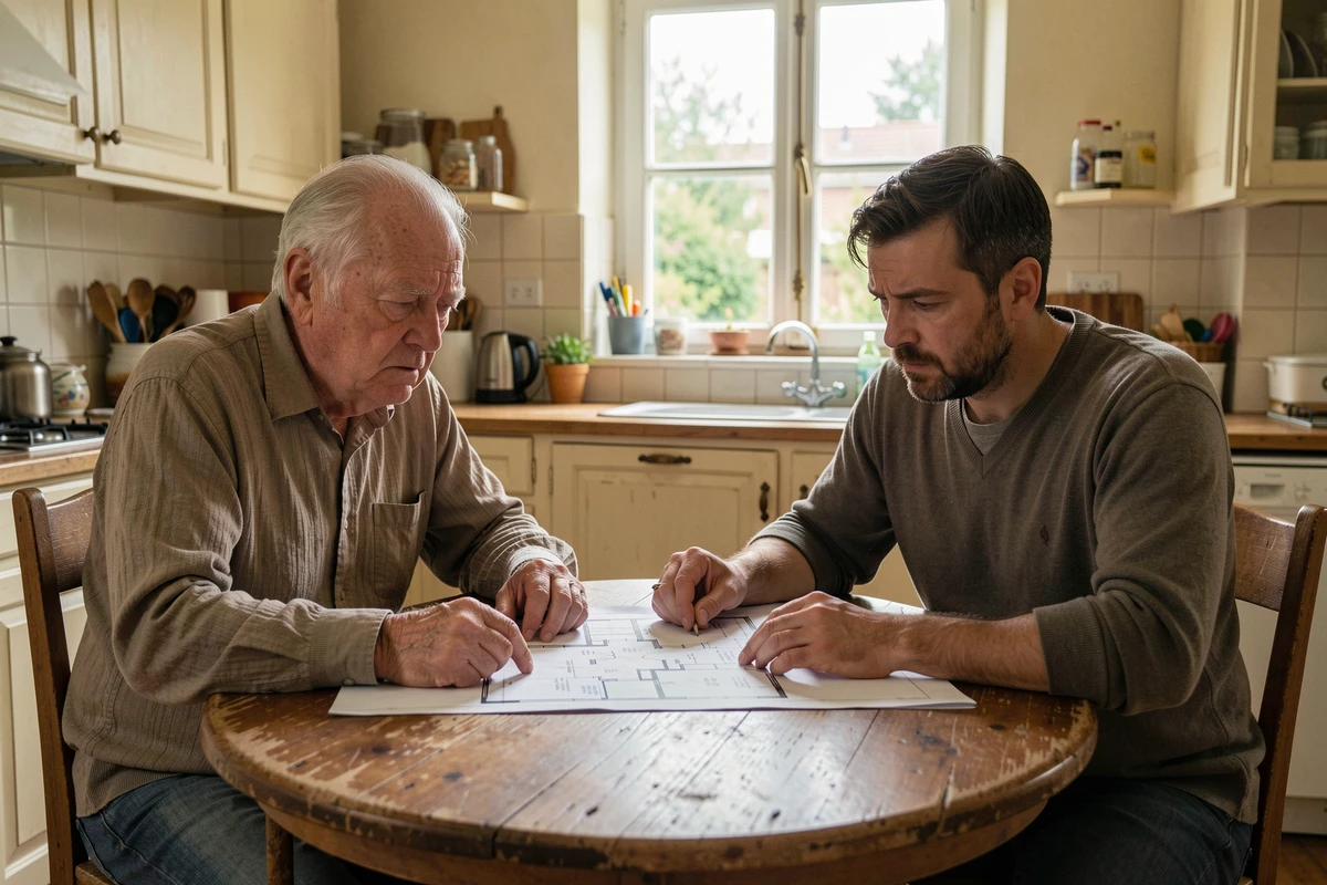 Père âgé et fils adulte examinant un plan de propriété familiale, face aux enjeux complexes du démembrement successoral