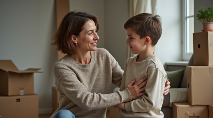 Femme rassurant son adolescent près de cartons de déménagement
