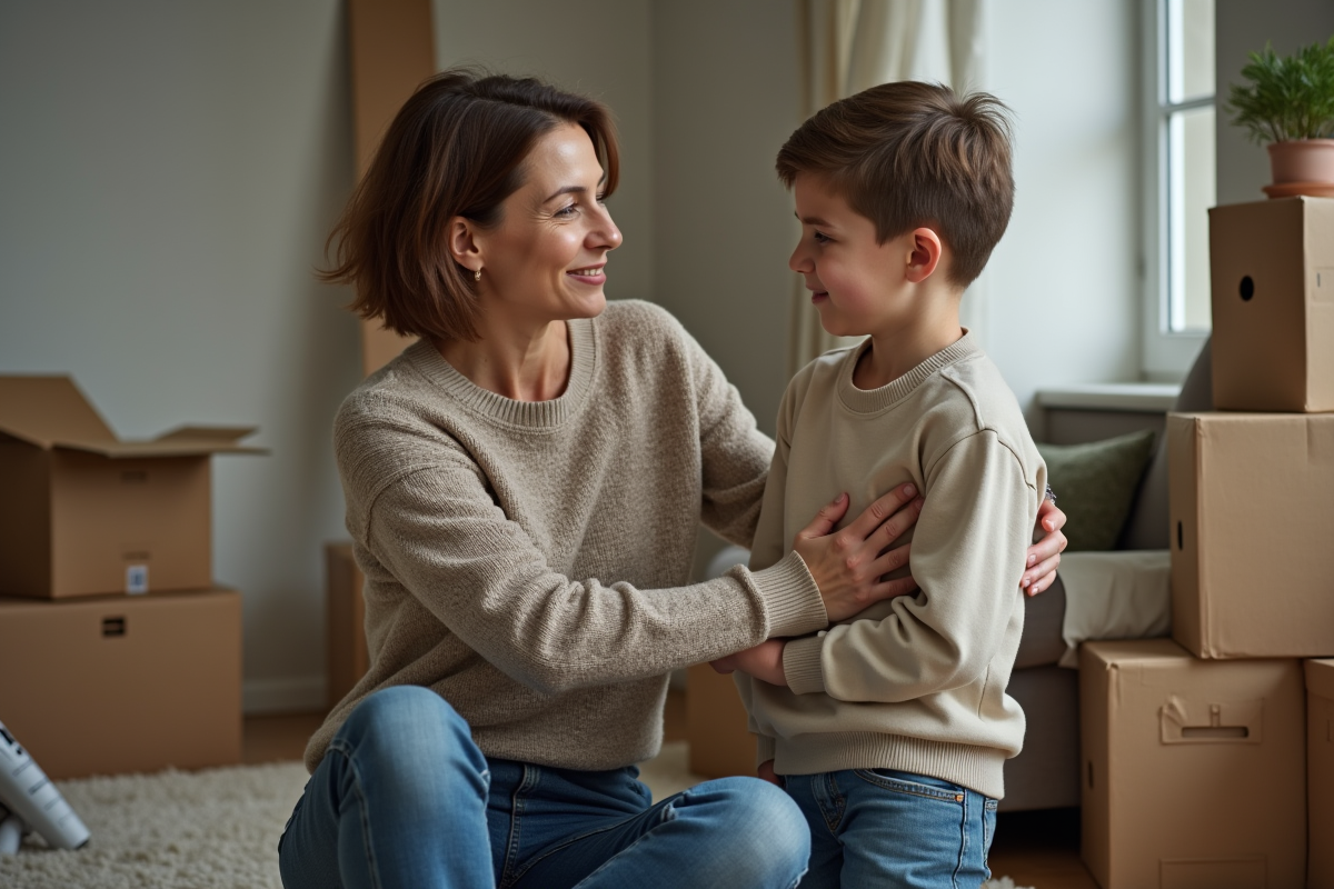Femme rassurant son adolescent près de cartons de déménagement