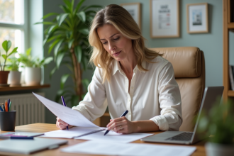 Femme d'affaires examinant des documents immobiliers dans un bureau lumineux