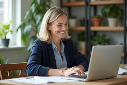 Femme souriante travaillant &agrave; domicile avec ordinateur portable