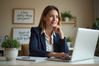 Femme en bureau à domicile regardant son ordinateur
