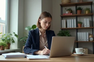 Jeune femme en bureau à domicile travaillant sur un ordinateur