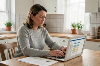 Femme consultant des documents d'assurance habitation sur un ordinateur portable dans une cuisine moderne pour réduire ses dépenses