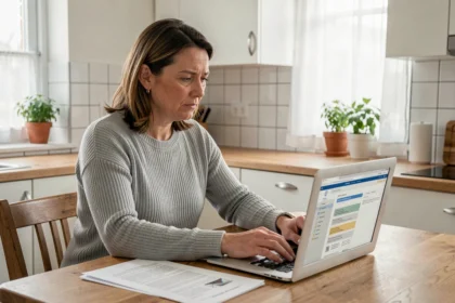 Femme consultant des documents d'assurance habitation sur un ordinateur portable dans une cuisine moderne pour réduire ses dépenses