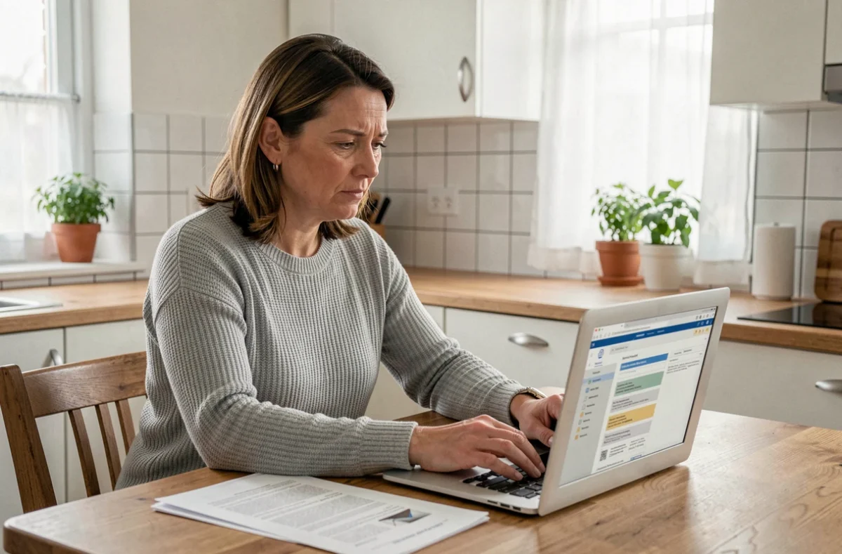 Femme consultant des documents d'assurance habitation sur un ordinateur portable dans une cuisine moderne pour réduire ses dépenses