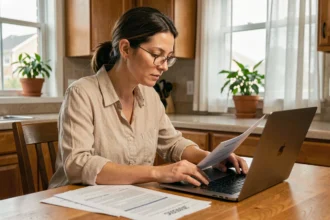 Femme consultant des documents d'assurance habitation sur ordinateur portable dans une cuisine moderne