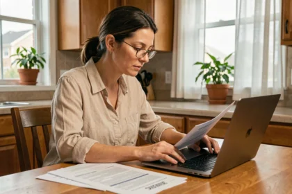 Femme consultant des documents d'assurance habitation sur ordinateur portable dans une cuisine moderne