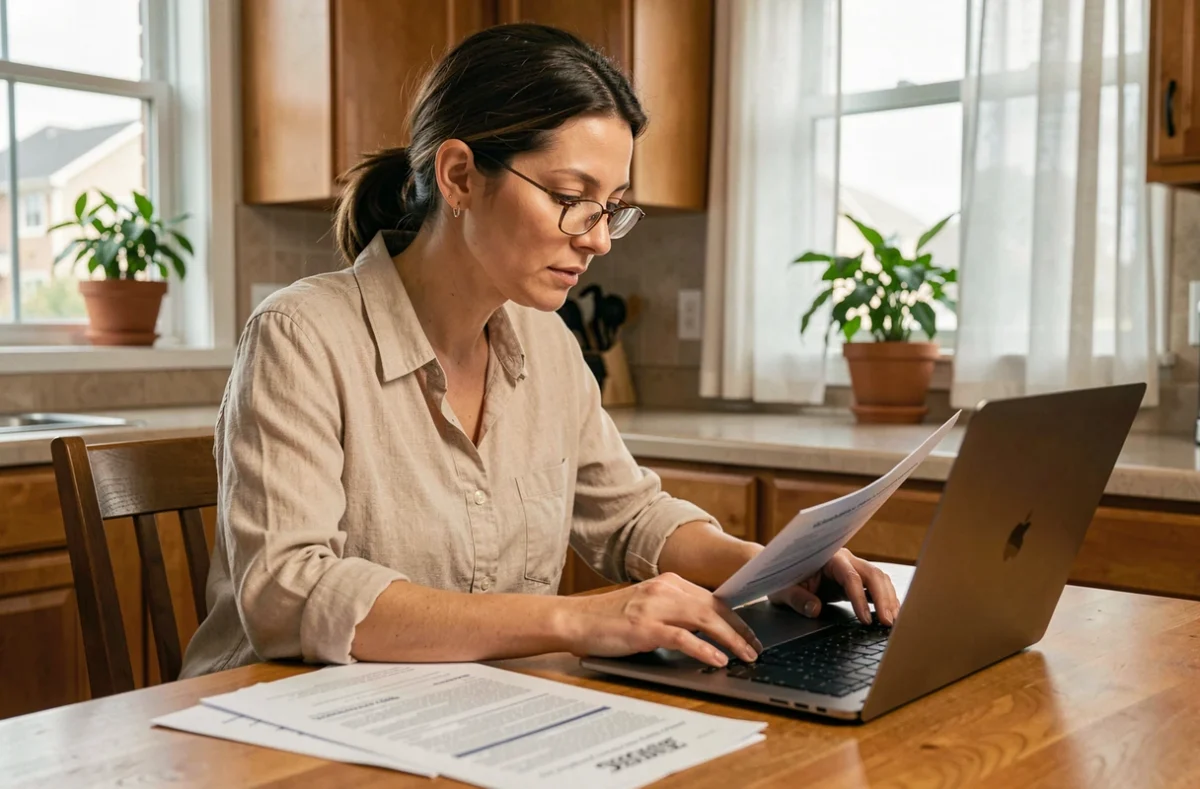 Femme consultant des documents d'assurance habitation sur ordinateur portable dans une cuisine moderne