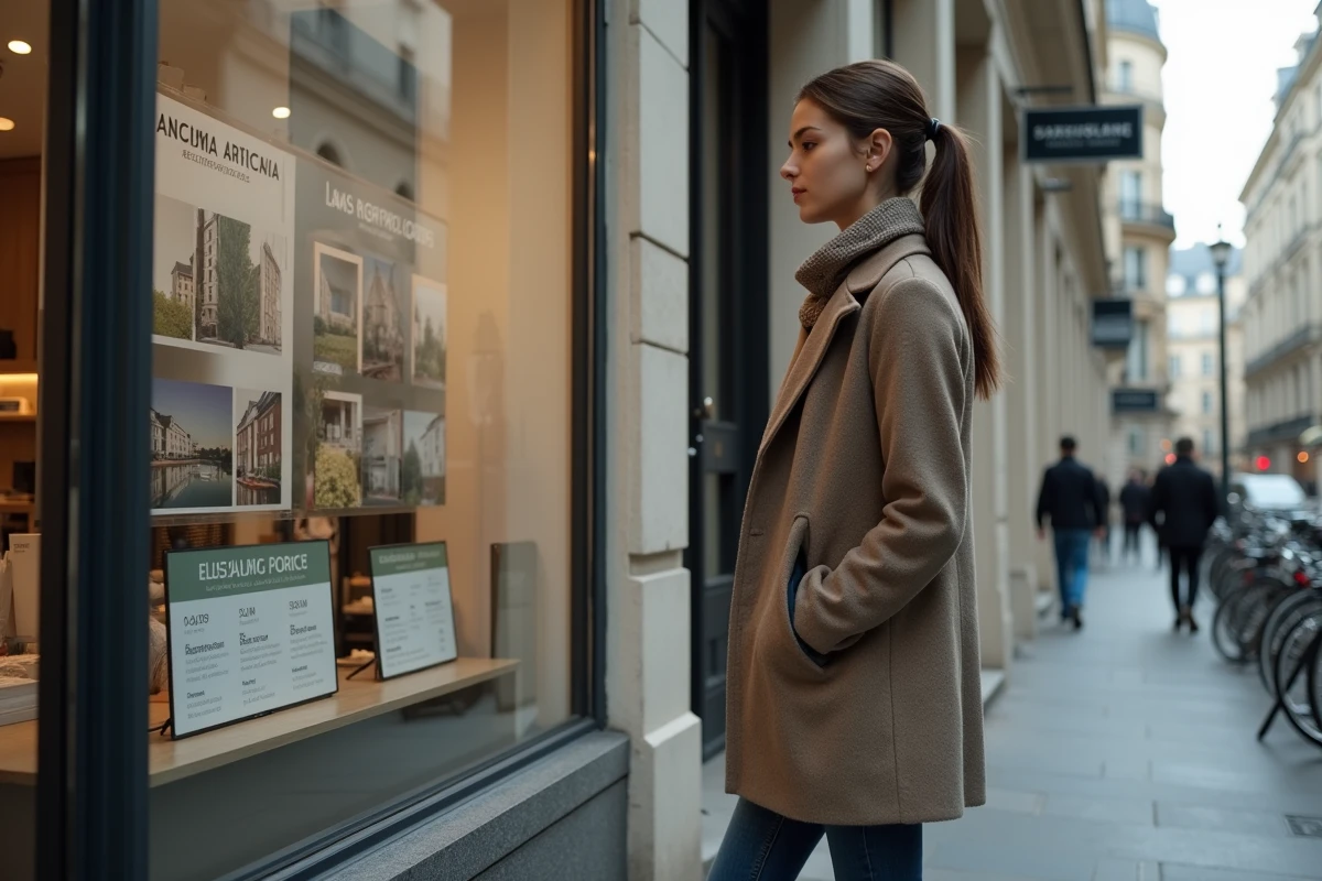 Jeune femme examinant des annonces immobilières dans la rue parisienne
