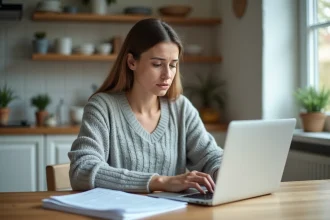 Femme consultant des documents d'aides au logement ALin et APL sur son ordinateur portable à la maison