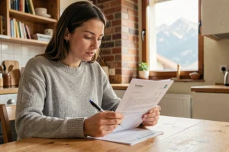 Femme consultant un contrat d'assurance habitation dans un appartement de Grenoble avec vue sur les montagnes