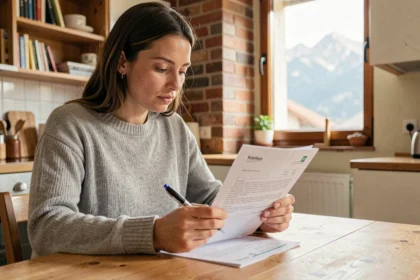 Femme consultant un contrat d'assurance habitation dans un appartement de Grenoble avec vue sur les montagnes