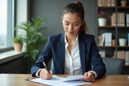 Jeune femme en blazer bleu examine un contrat immobilier