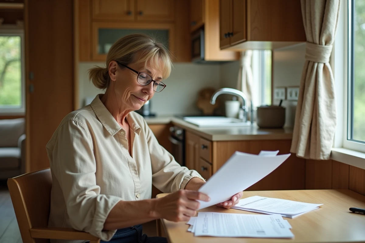 Femme lisant un contrat juridique à l'intérieur d'un mobil-home aménagé, symbolisant les démarches administratives liées à la loi ALUR