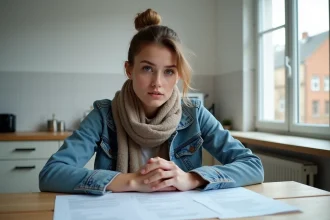Jeune femme examine un contrat de location dans son appartement