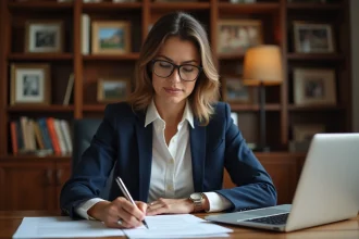 Femme seule créant une SCI pour protéger son patrimoine familial, assise à un bureau avec des documents juridiques immobiliers