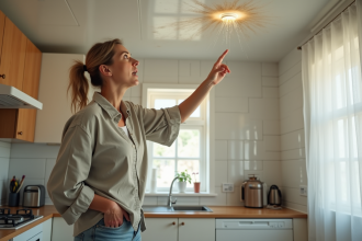 Femme inquiète dans sa cuisine face à une tache d'eau au plafond