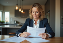 Femme d'affaires examinant des documents dans une cuisine moderne