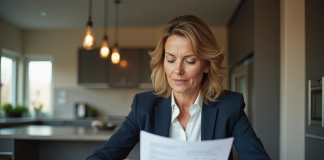 Femme d'affaires examinant des documents dans une cuisine moderne