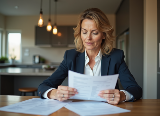 Frais de notaire maison 300.000 € : tout ce qu’il faut savoir ! Femme d'affaires examinant des documents dans une cuisine moderne