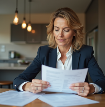 Femme d'affaires examinant des documents dans une cuisine moderne