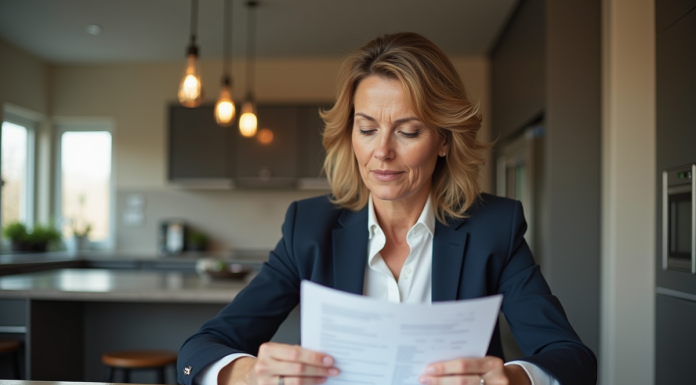 Femme d'affaires examinant des documents dans une cuisine moderne
