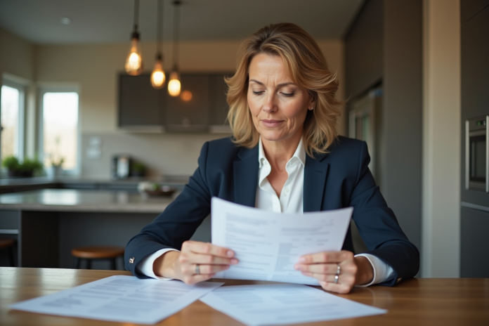 femme-d-affaires-documents Femme d'affaires examinant des documents dans une cuisine moderne