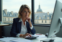 Taux d’intérêt : rôle et importance dans l’économie française Femme d'affaires à Paris analysant des documents économiques