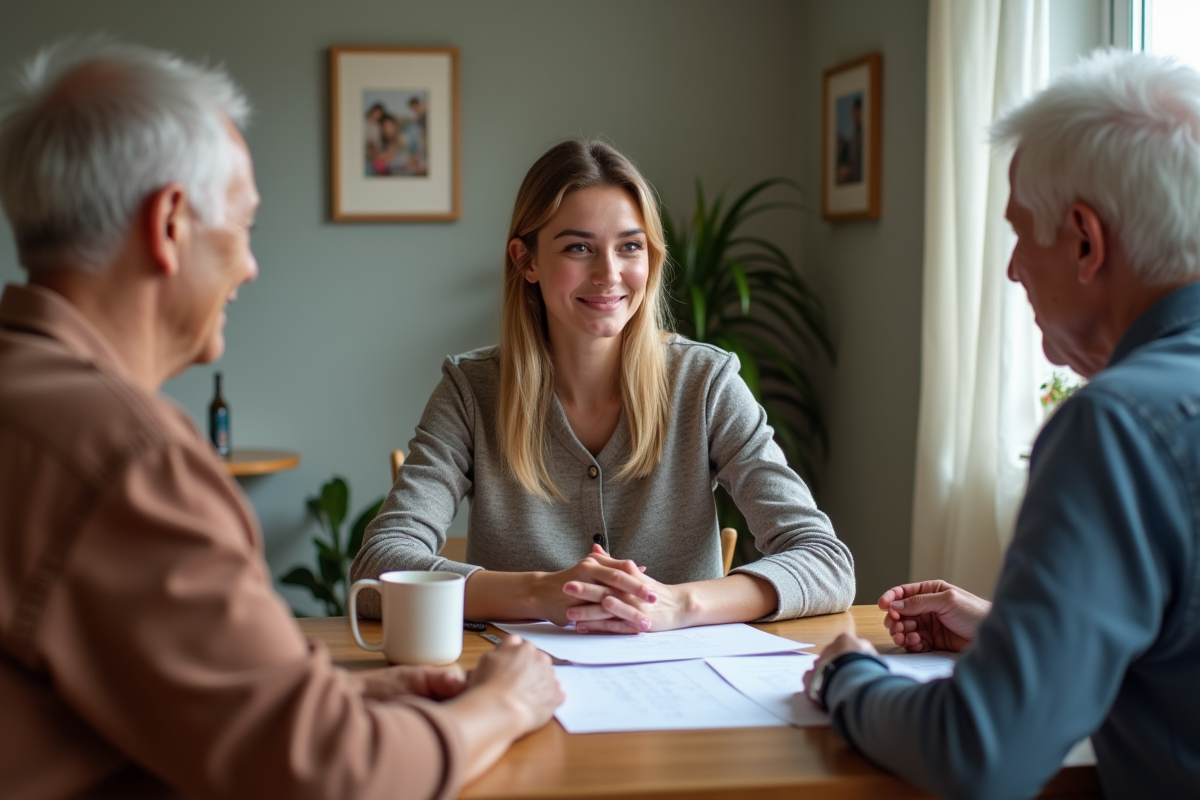 Jeune femme discutant facture avec un couple âgé à la maison