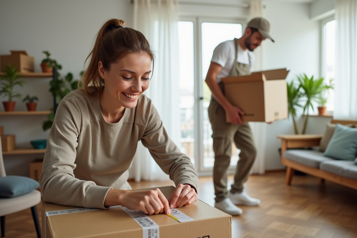 Femme souriante scellant une boîte de déménagement dans le salon