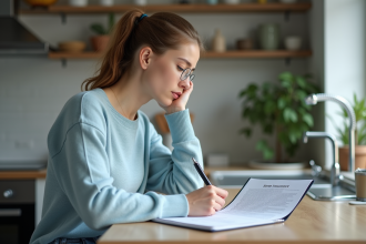 Femme étudie un contrat d'assurance habitation à la maison