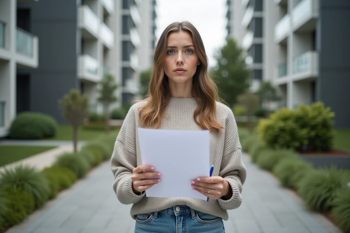 Jeune femme devant un b&acirc;timent avec document officiel