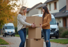Femme et fille souriantes devant leur maison en déménagement
