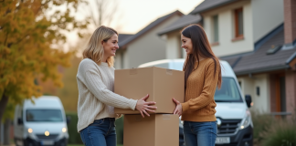 Femme et fille souriantes devant leur maison en déménagement