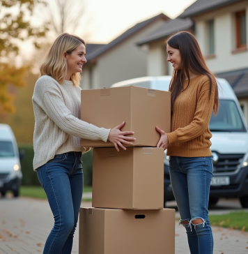 Femme et fille souriantes devant leur maison en déménagement