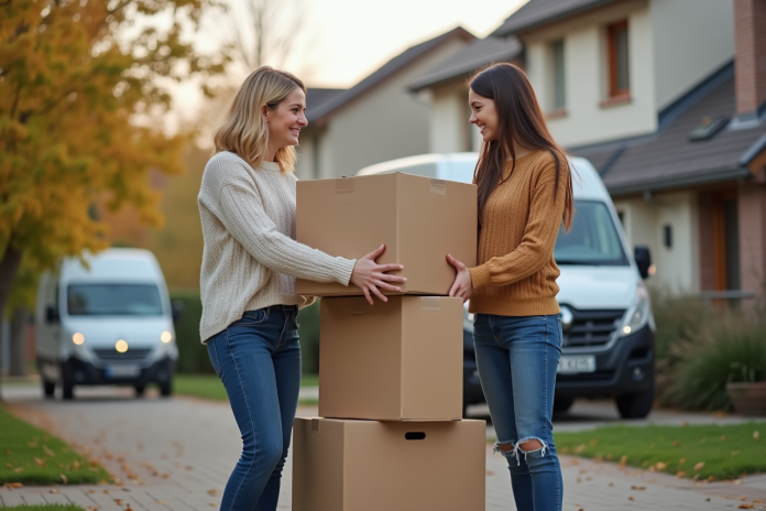 Femme et fille souriantes devant leur maison en déménagement
