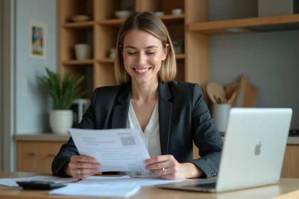Femme professionnelle examinant des documents financiers à la maison