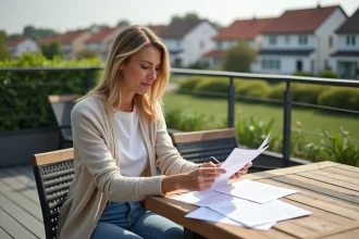 Femme examinant des documents fiscaux sur une terrasse extérieure