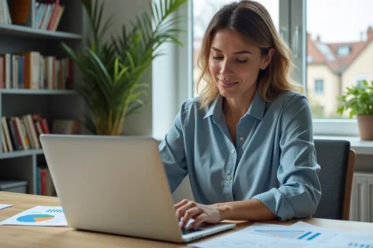 Femme confiante analysant des d&eacute;tails immobiliers dans son bureau