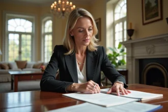 Femme professionnelle examinant des documents immobiliers dans un salon élégant