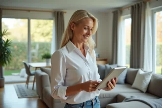 Femme d'âge moyen avec tablette dans un salon lumineux