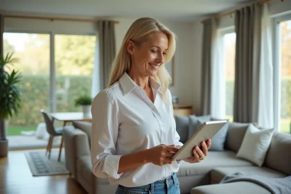 Femme d'&acirc;ge moyen avec tablette dans un salon lumineux