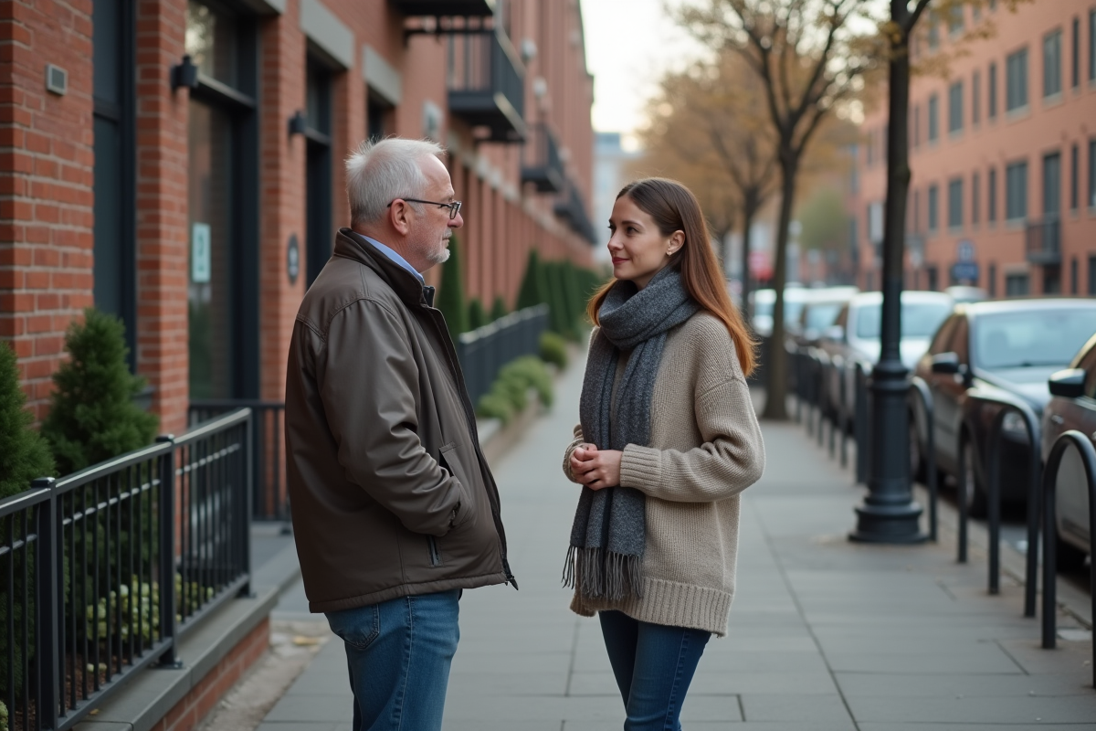 Jeune femme discutant avec agent immobilier devant immeuble