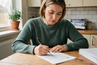 Femme lisant attentivement un contrat d'assurance habitation avant de le résilier