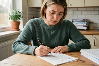 Femme lisant attentivement un contrat d'assurance habitation avant de le résilier
