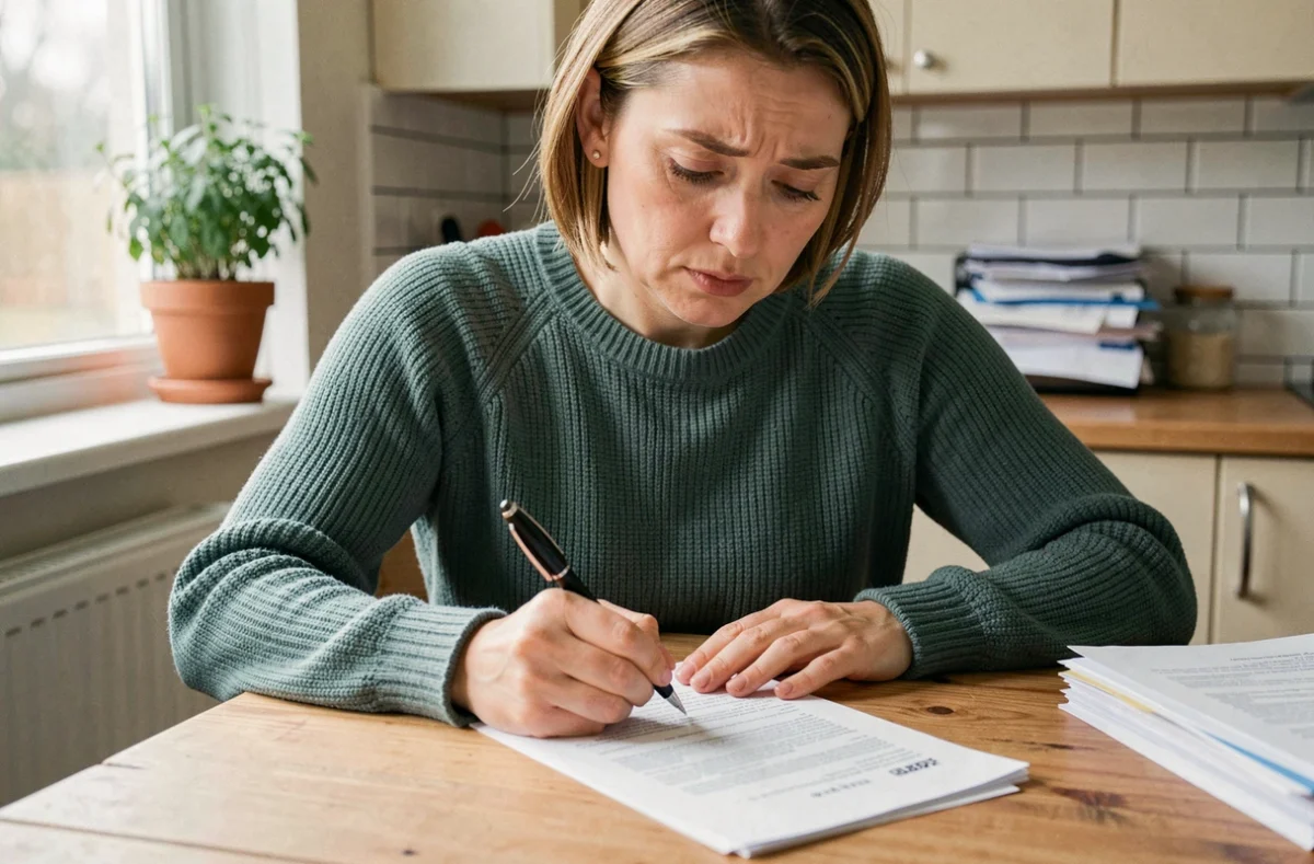 Femme lisant attentivement un contrat d'assurance habitation avant de le résilier