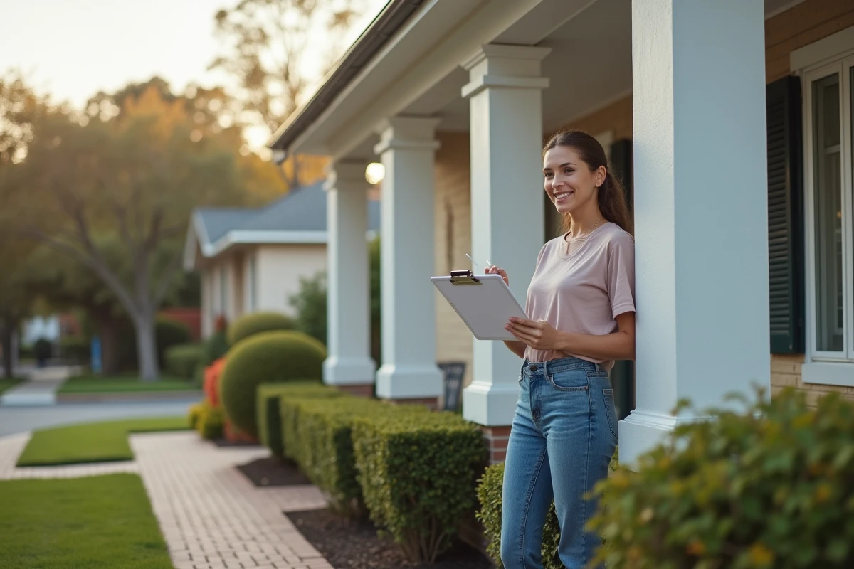 Femme souriante prenant des notes devant une maison neuve