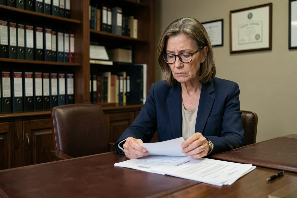 Femme consultant des documents de succession chez un notaire, illustrant les complications du démembrement de propriété
