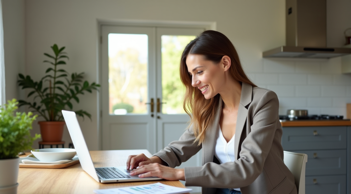 Femme dâgée utilisant un ordinateur dans une cuisine lumineuse